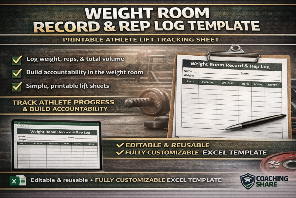 Weight Room Record & Rep Log Template Printable Athlete Lift Tracking Sheet