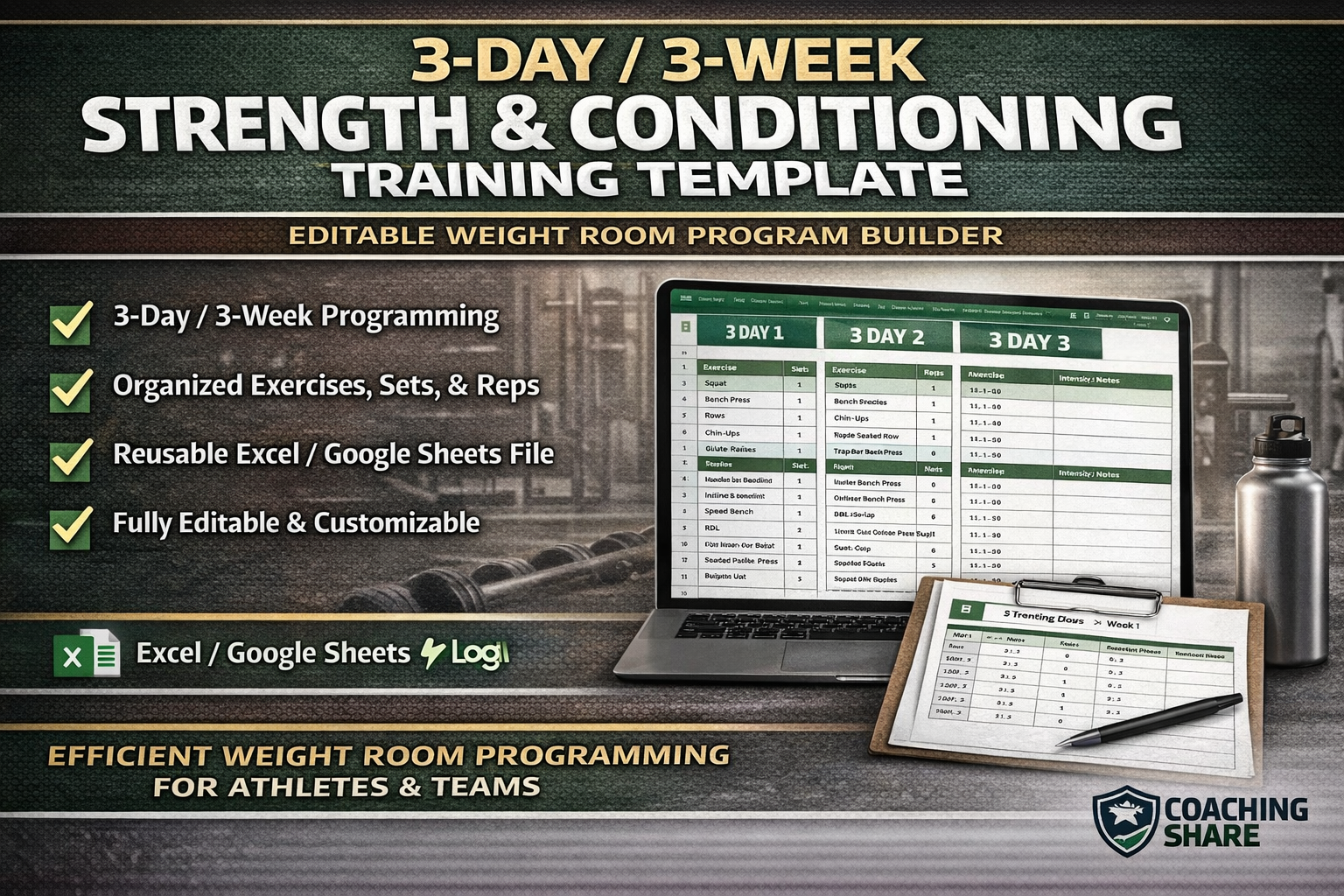 3-Day / 3-Week Strength & Conditioning Training Template Editable Weight Room Program Builder